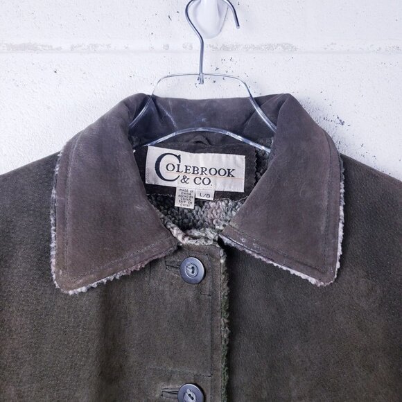Colebrook & Co. Leather Suede Plaid Sherpa Lined Jacket Green Womens Large - Picture 5 of 13